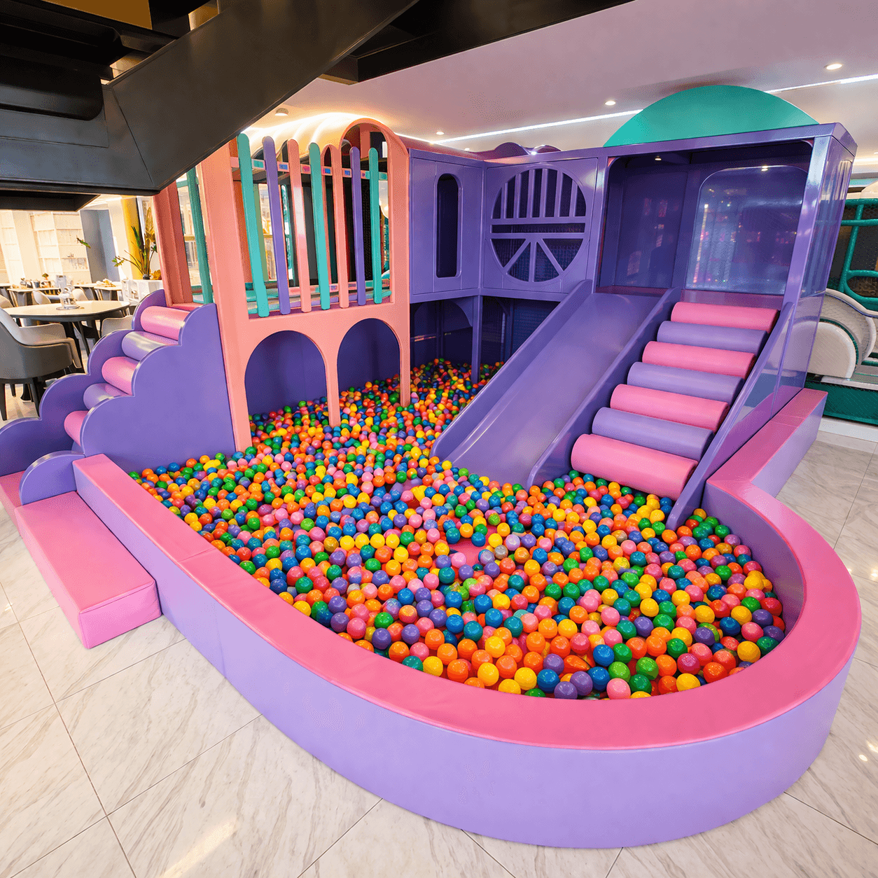 colorful ball pit and pastel play area