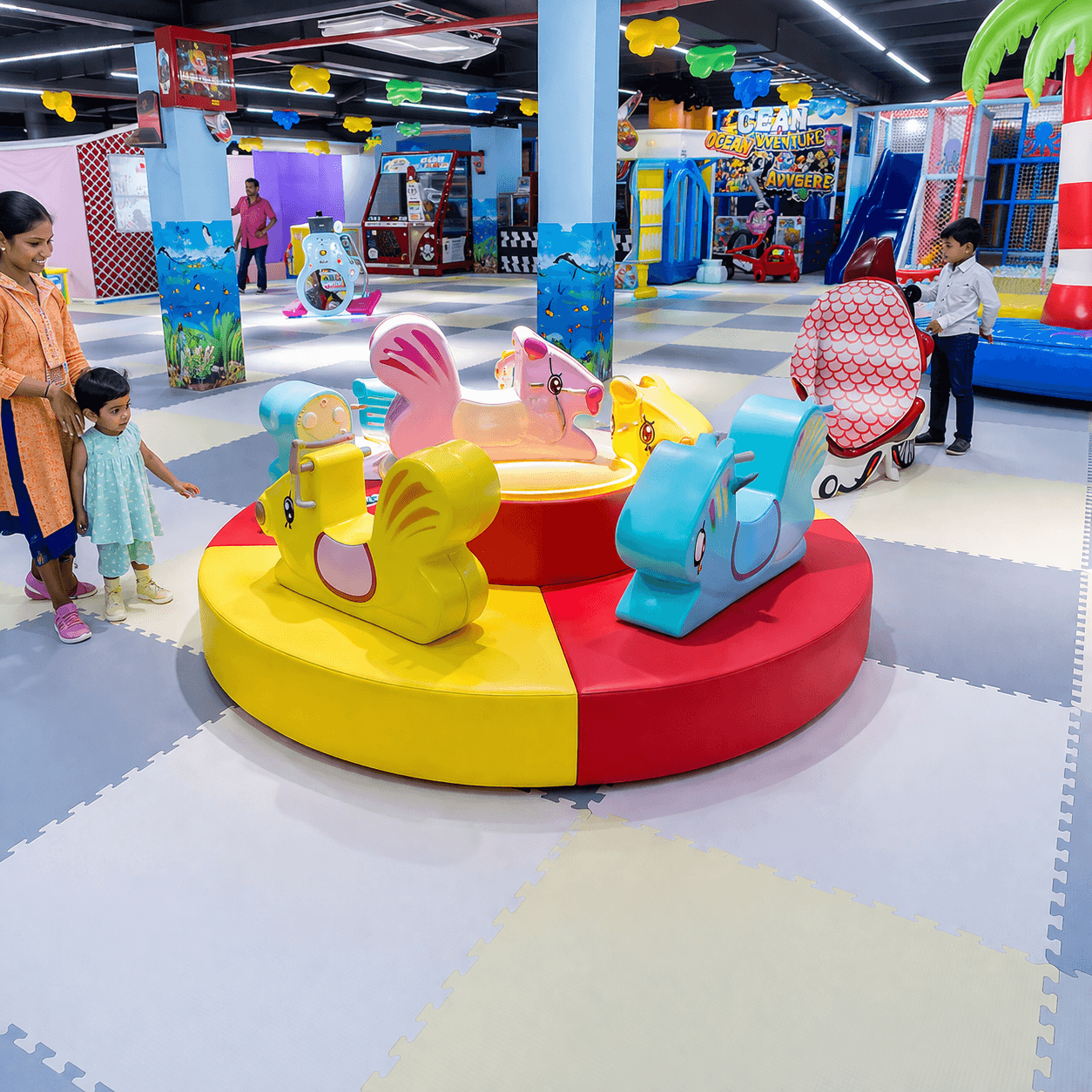 colorful indoor playland with rides