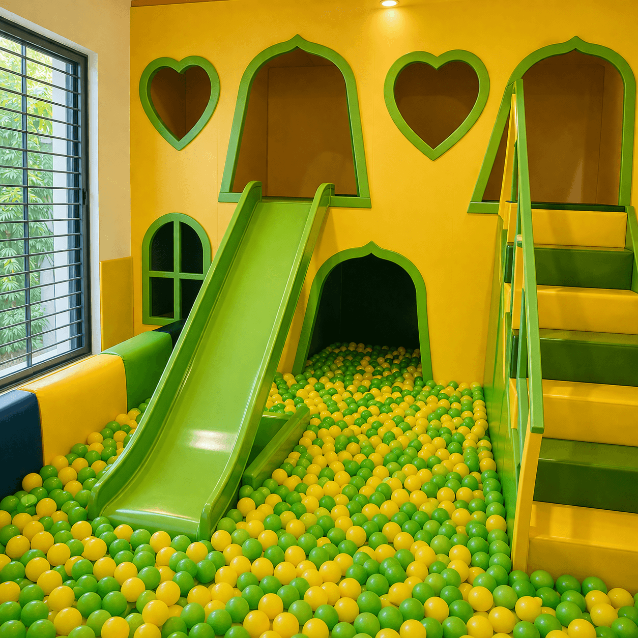 whimsical playroom with bright ball pit