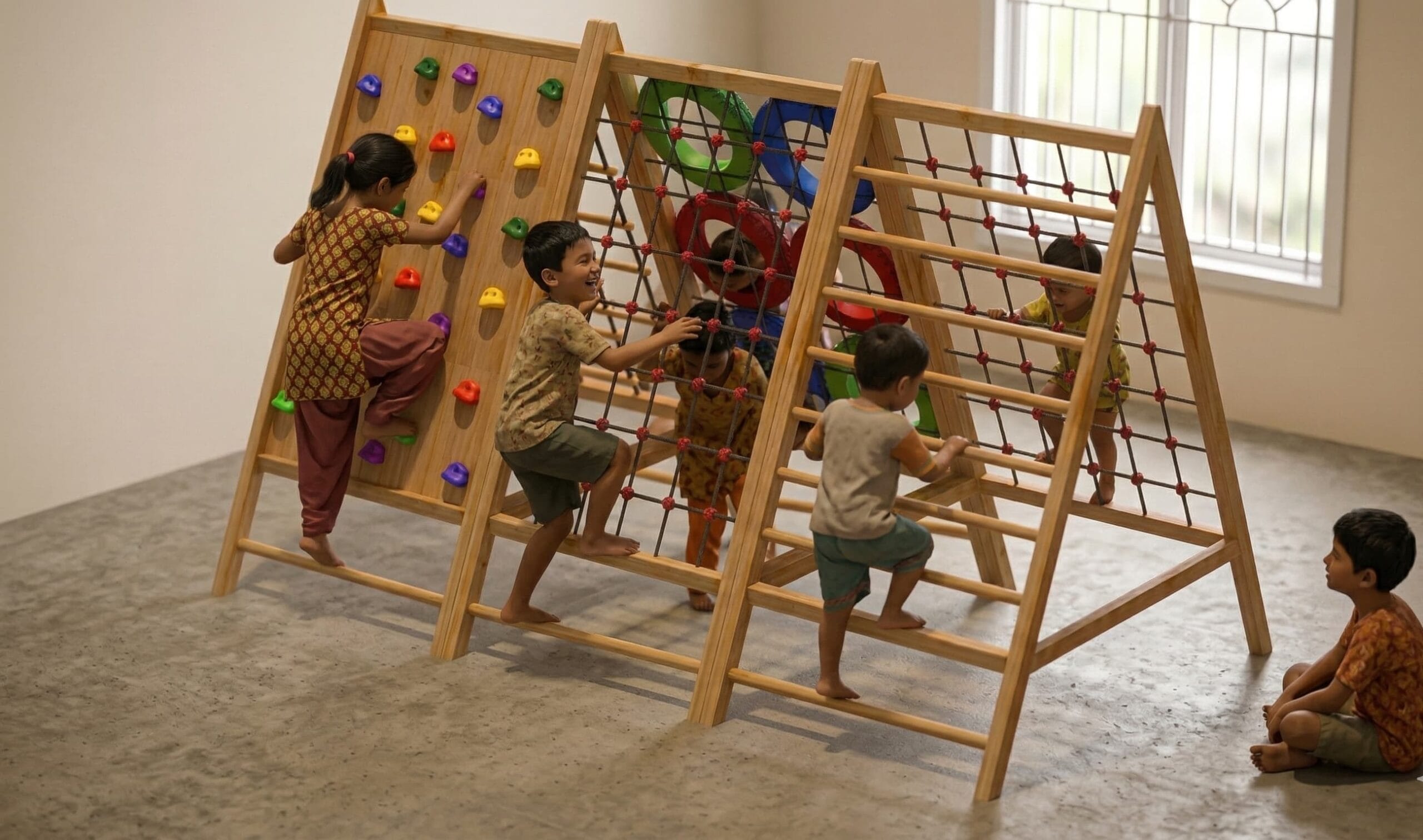 Ladder Bridge Climbing Frame — Wooden Indoor & Outdoor Play Structure for Kids