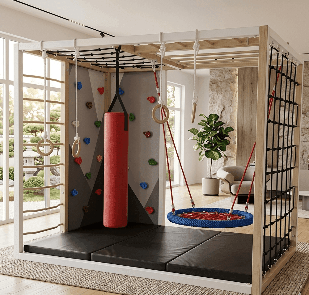 Kids Wall Climbing Frame — Indoor Rock Climbing Wall with Monkey Bars